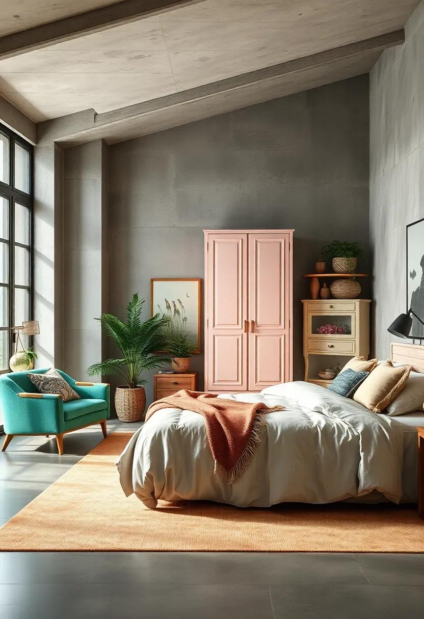Soft Pastel Armoires Standing Out Against Industrial Concrete Walls in Eclectic Bedrooms