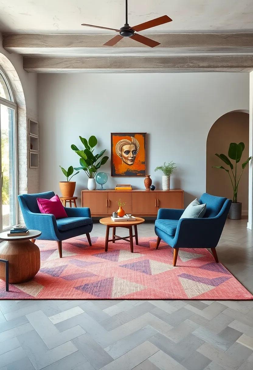 Bold Color Clashes Between Mid Century Armchairs and Contemporary Geometric Rugs