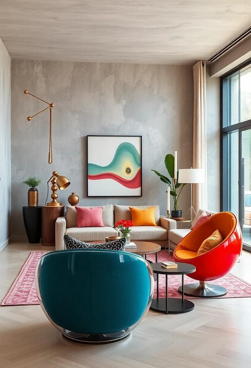 Mixing Antique Brass Lamps with Futuristic Acrylic Pod Chairs for Visual Contrast