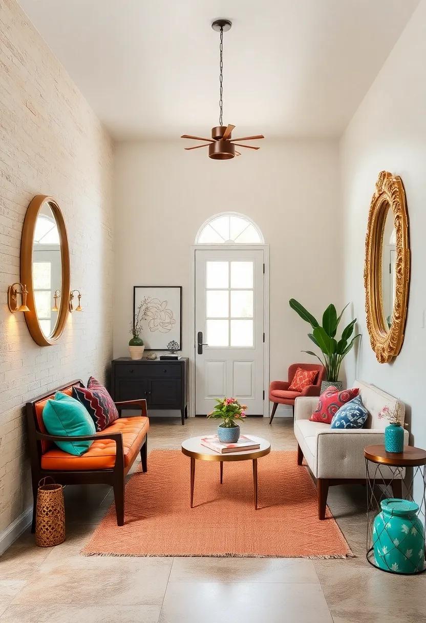 Playful Entryways Featuring Mid Century Modern Benches and Vintage Carved Mirrors