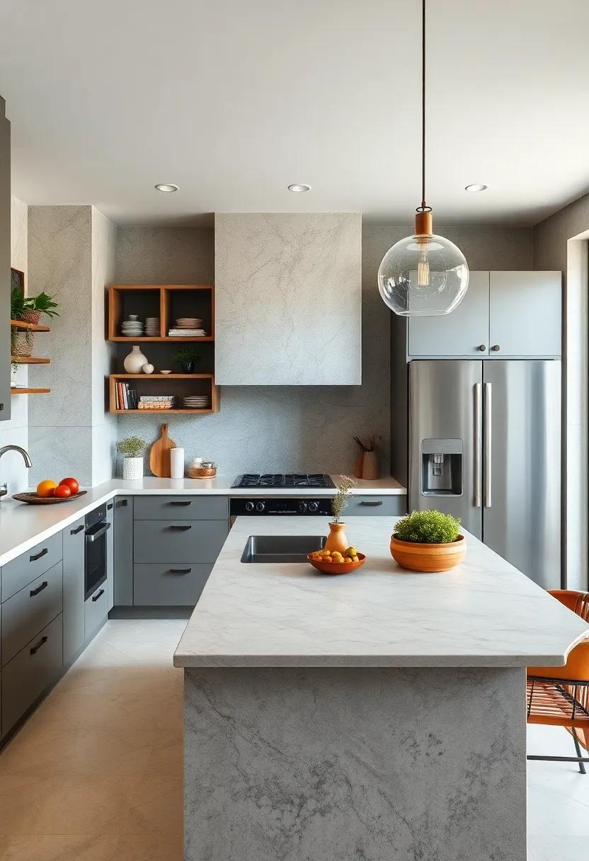 Contrasting Countertop Materials Like Concrete And Quartz For A Dynamic Visual And Practical Effect