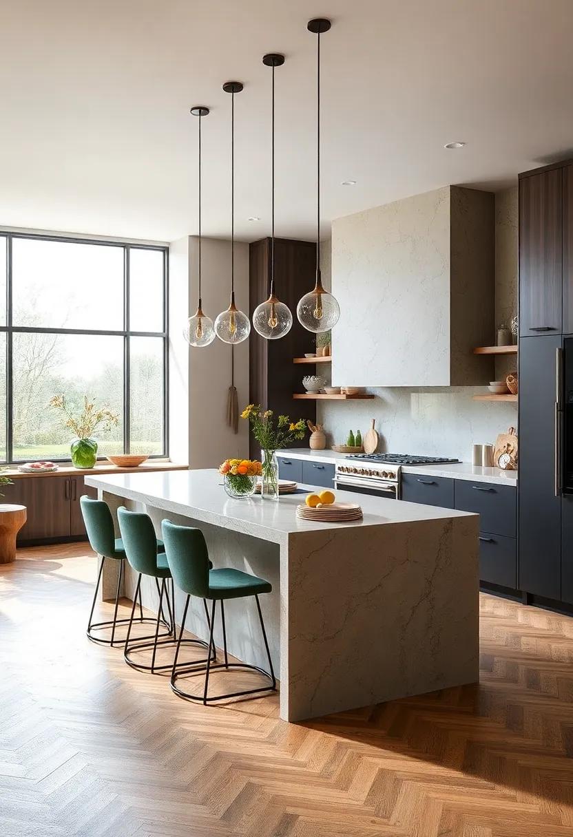 Kitchen Islands That Double As Dining Spaces Featuring Contrasting Materials And Shapes