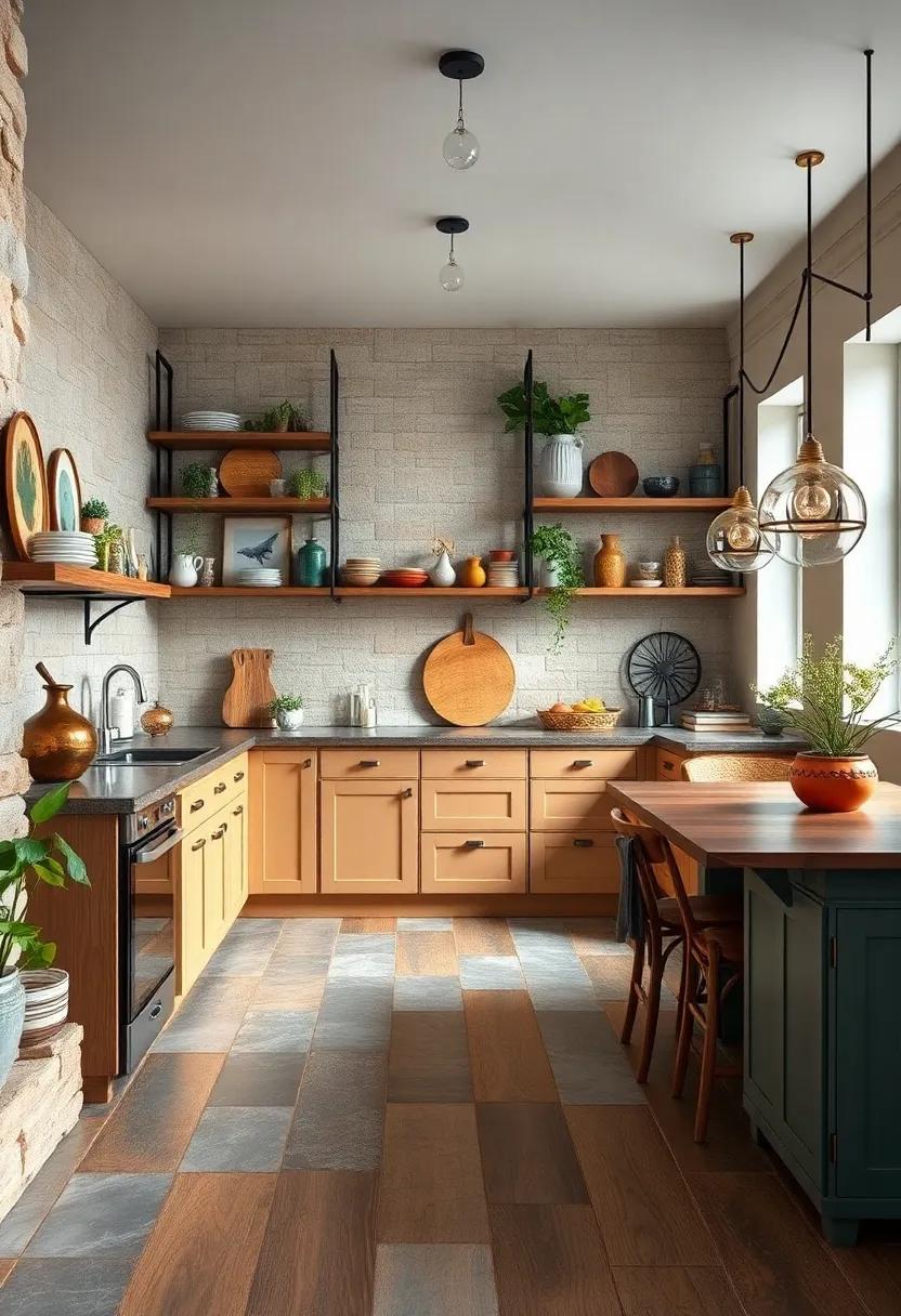 Reclaimed Materials Incorporated Into Flooring And Shelving To Add History And Texture To Kitchen Decor