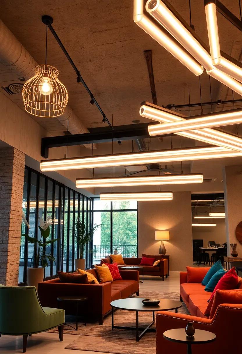 Sleek Acrylic Tube Lights Arranged in Dynamic Patterns for Ultra-Modern Offices