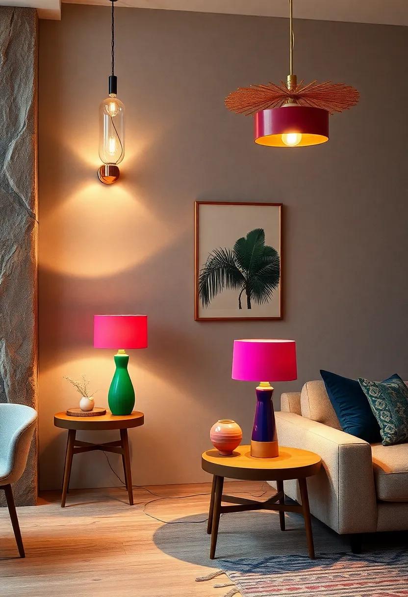 Funky Color-Block Lamps on Mid-Century Modern Side Tables Mixing Art and Light