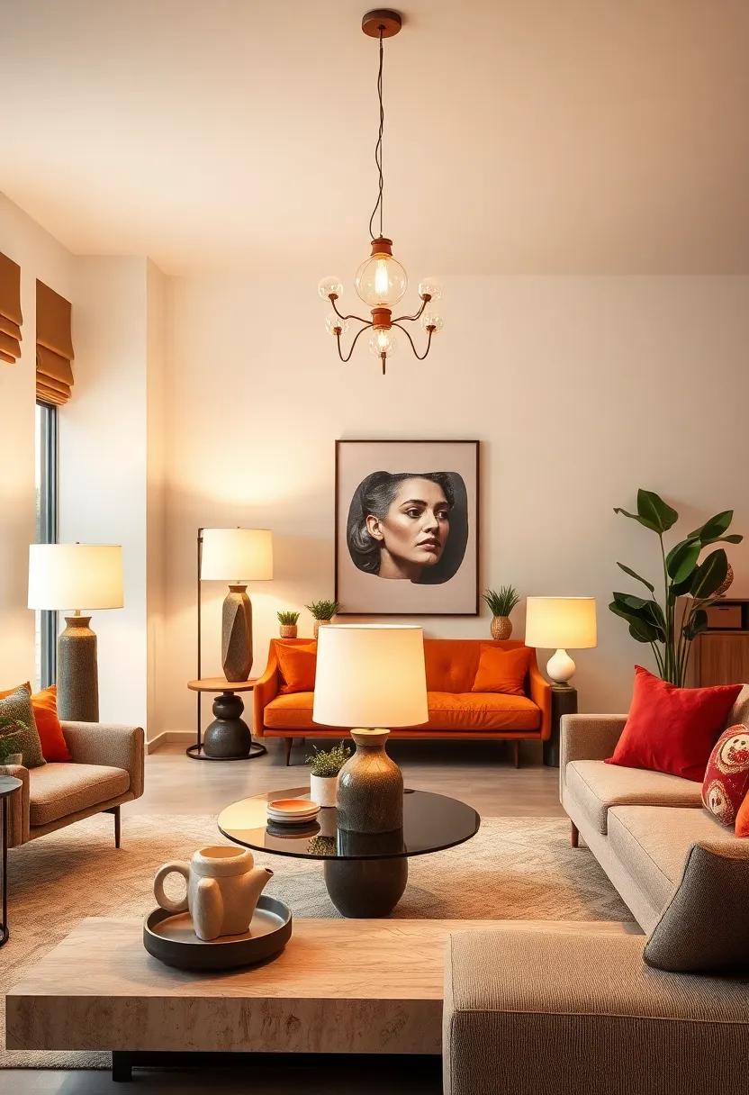 Mid-Century Modern Table Lamps With Sculptural Bases and Retro Fabrics in Bright Living Spaces