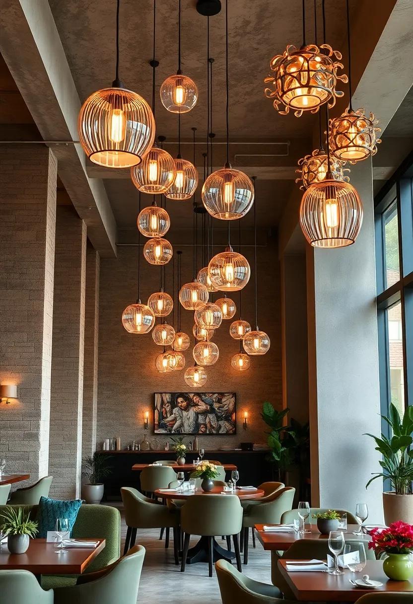 Eclectic Cluster Pendant Arrangements Suspended at Varying Heights Over Eclectic Dining Areas