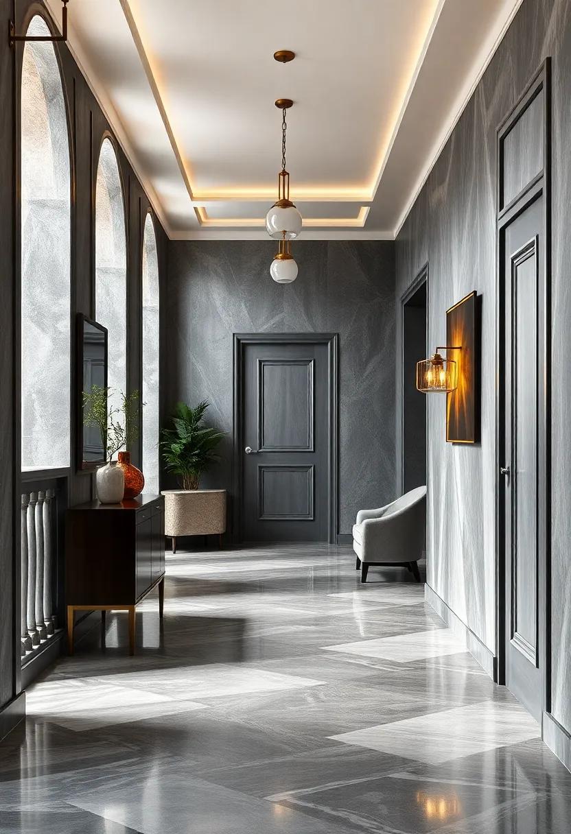Art Deco Grey Hallway with Bold Geometric Patterns and Glossy Surfaces