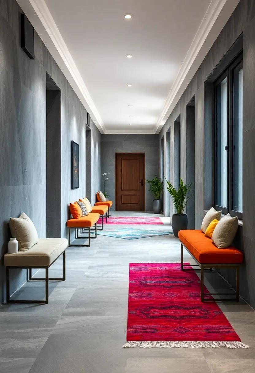 Balancing Grey Shades with Vivid Colorful Rugs and Cushioned Benches for an Inviting Feel