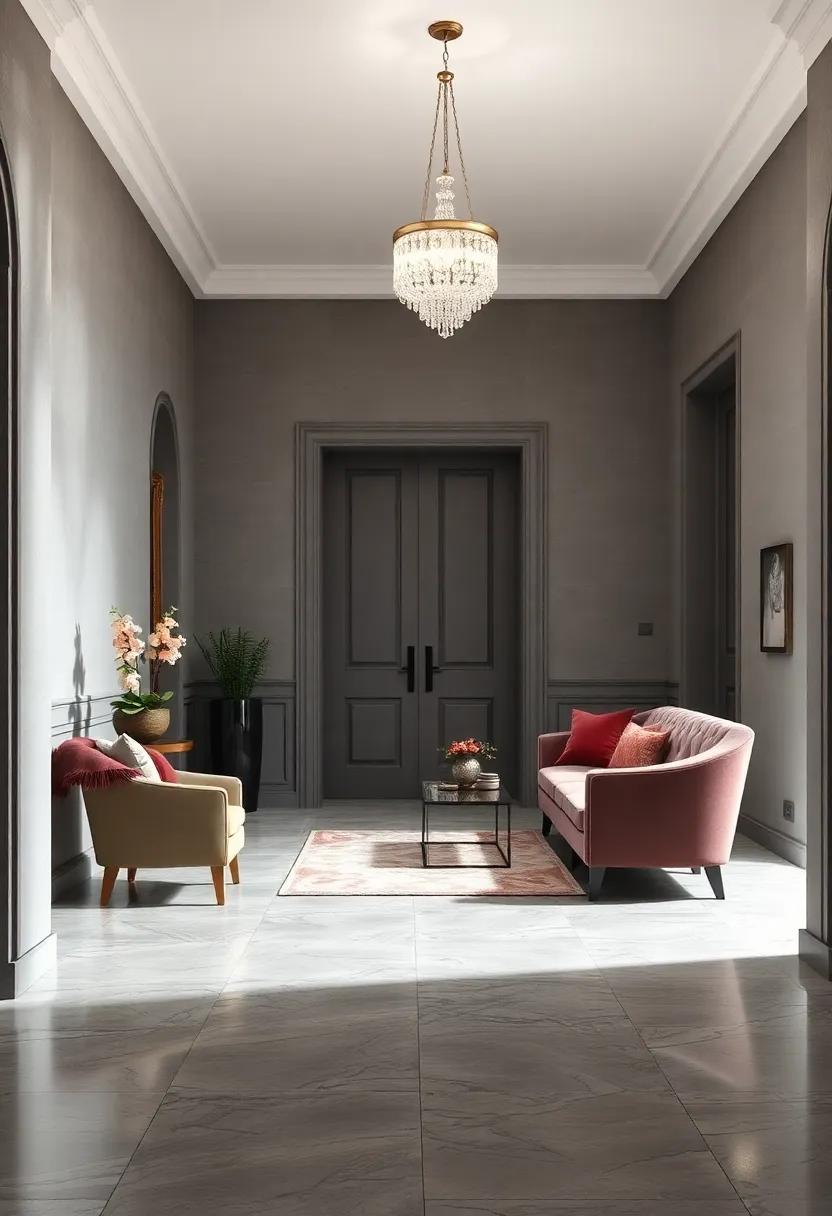 Calming Grey Entrance Hall with Velvet Seating and Crystal Chandelier Glow