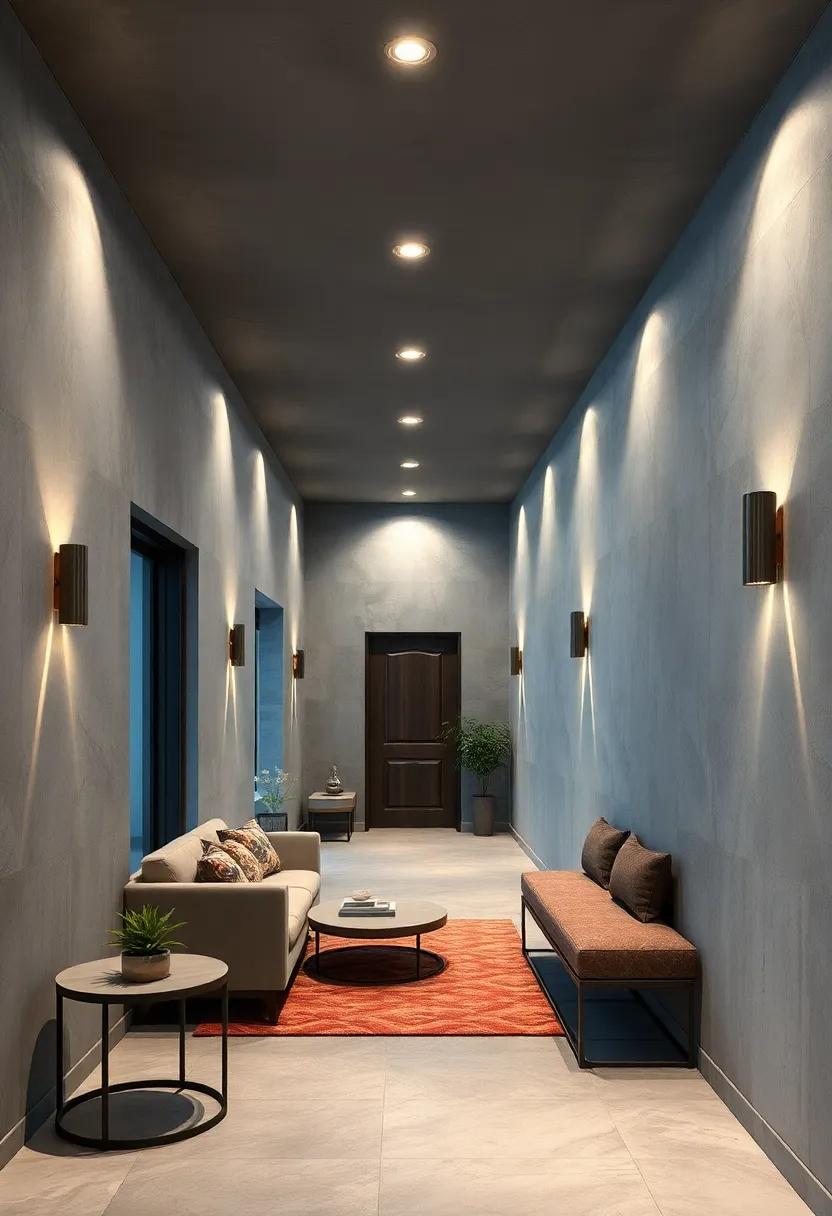 Chic Grey Tunnel with Recessed Spotlights and Minimalist Wall Sconces for Evening Glow