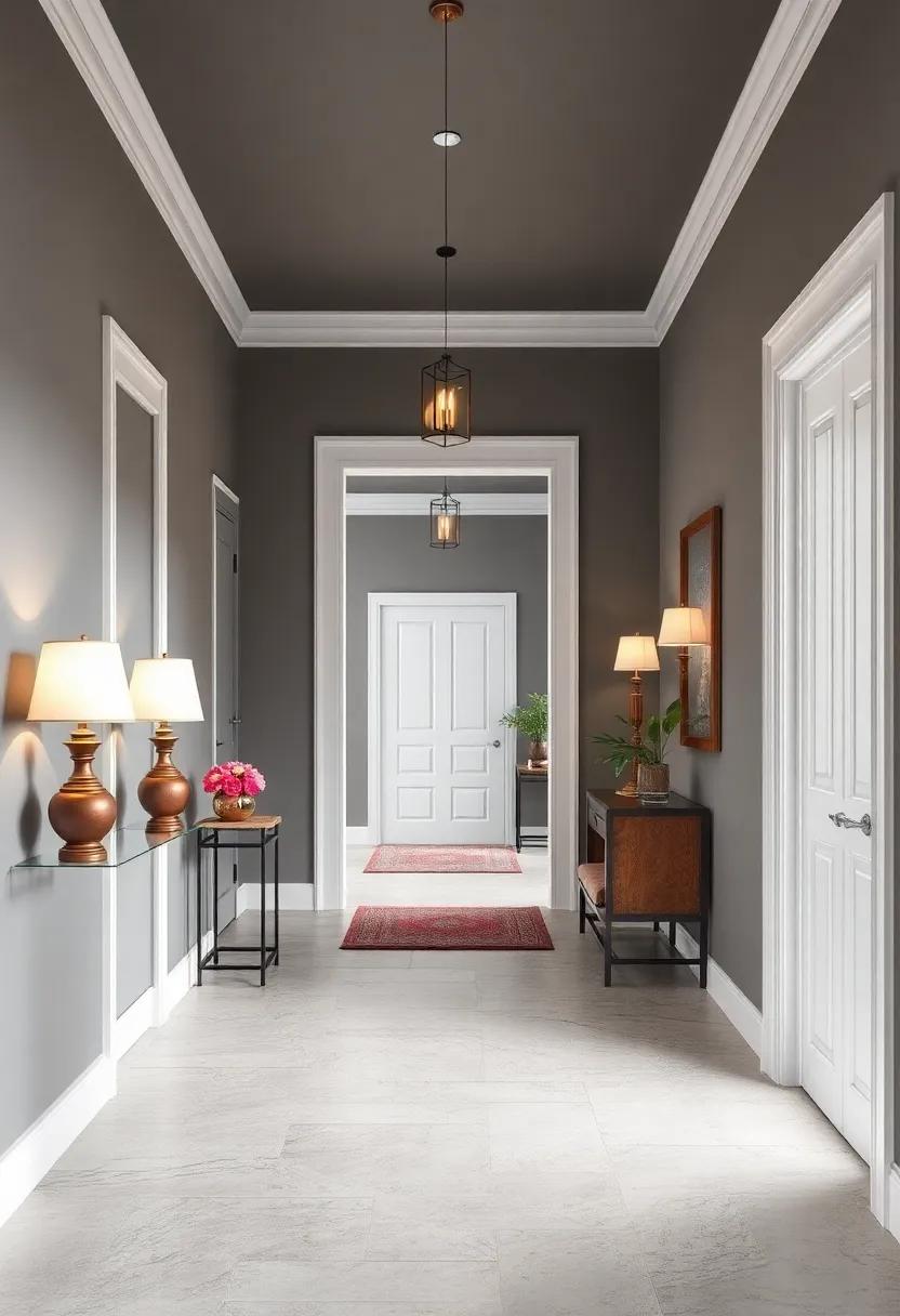 Classic Grey Hallway Flanked by Elegant White Moldings and Vintage Lamps