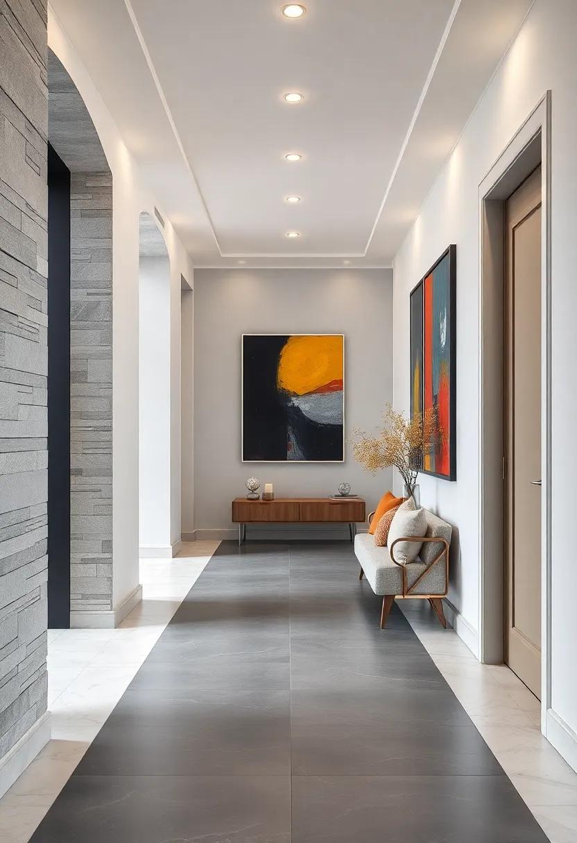 Contrasting Shades of Grey in Hallway with Bold Artwork and Elegant Silver Frames