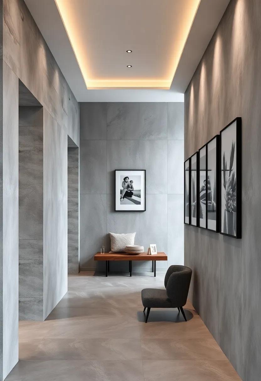 Elegant Gallery Wall Mounted with Black and White Photographs Against Grey Backdrop