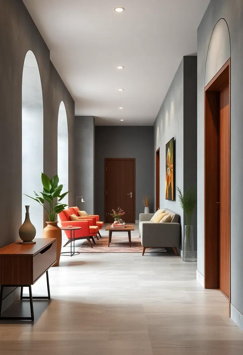 Elegant Mid-Century Modern Grey Hallway with Retro Furniture and Decorative Accents