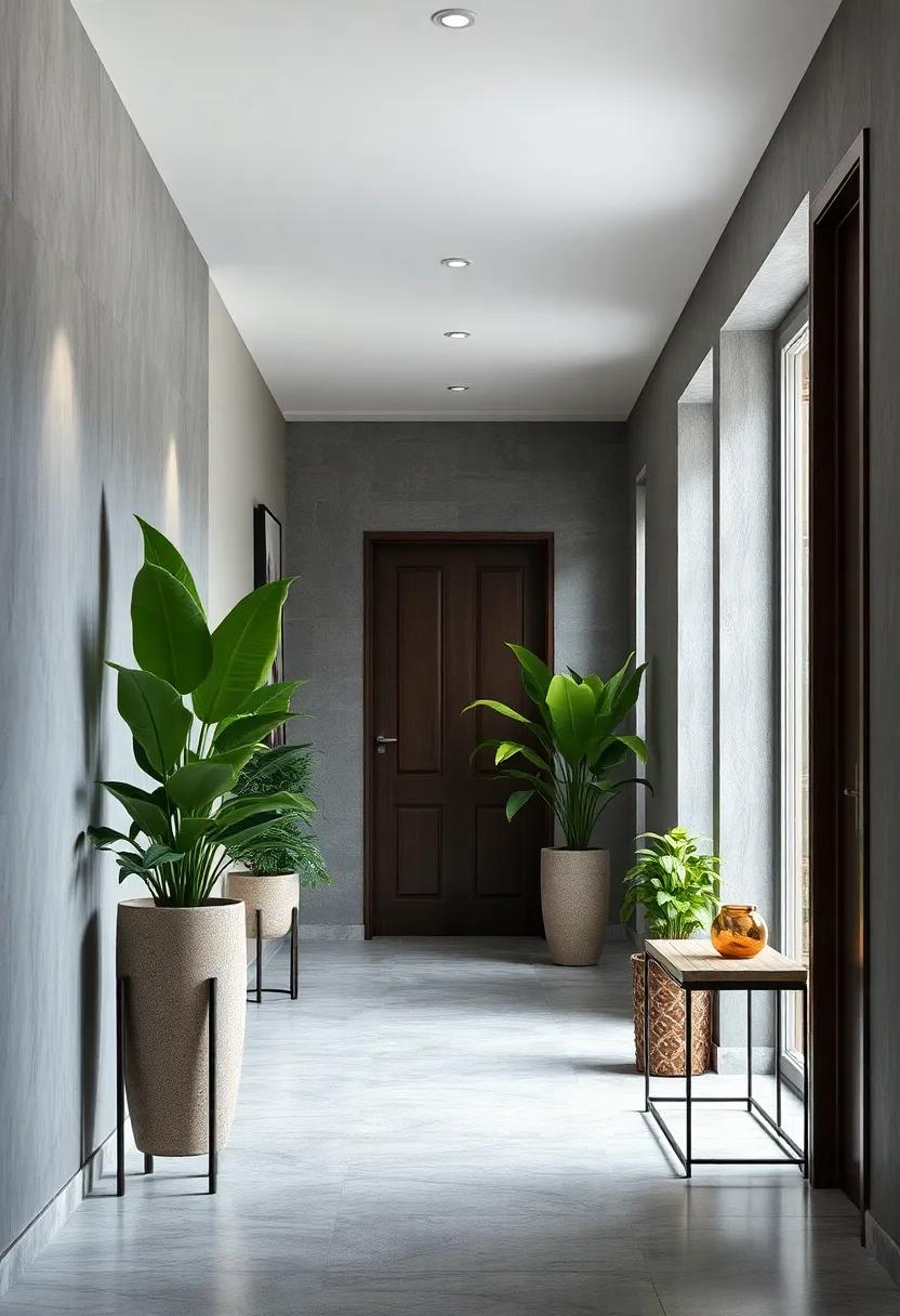 Grey Hallway Adorned with Green Indoor Plants Bringing Life and Freshness to the Space