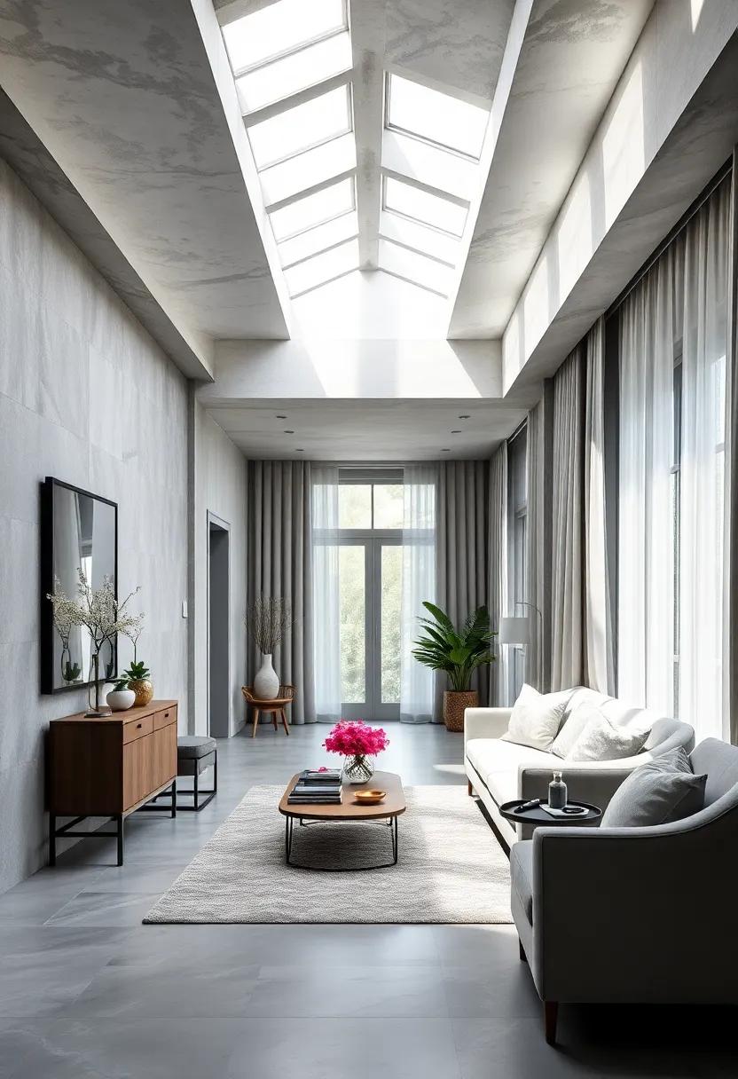 Grey Hallway Illuminated by Skylights and Soft Draped Curtains Bringing Airiness and Light