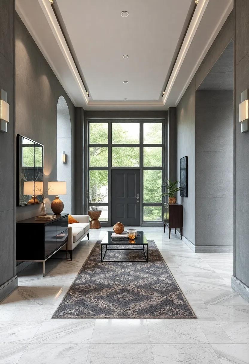 Grey Hallway Blending Classic Elegance with Futuristic Touches and Transparent Elements