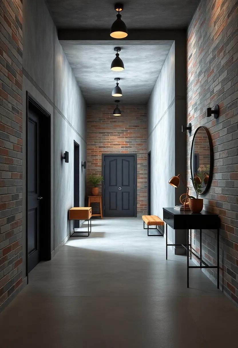 Industrial-Inspired Grey Hallway Featuring Exposed Brick Walls and Steel Fixtures