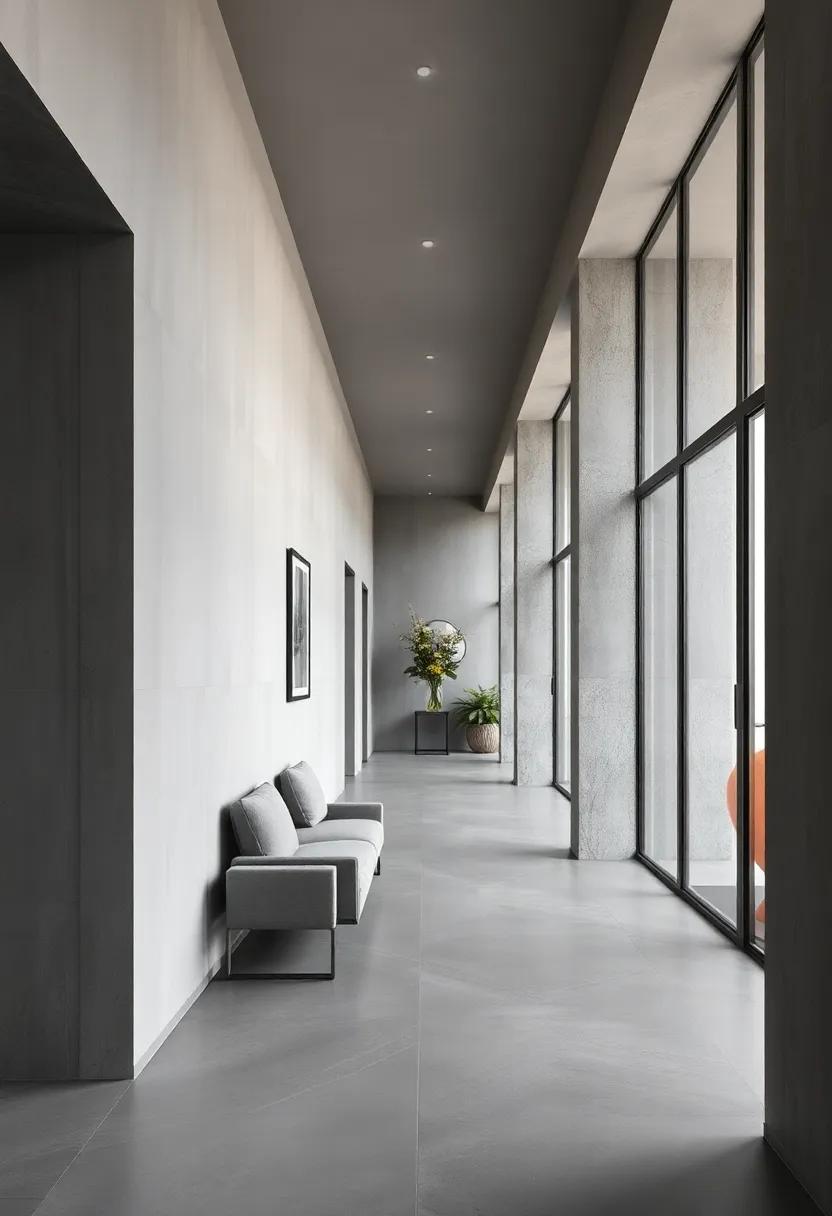 A Minimalist Grey Corridor Featuring Sleek Lines and Reflective Glass Surfaces