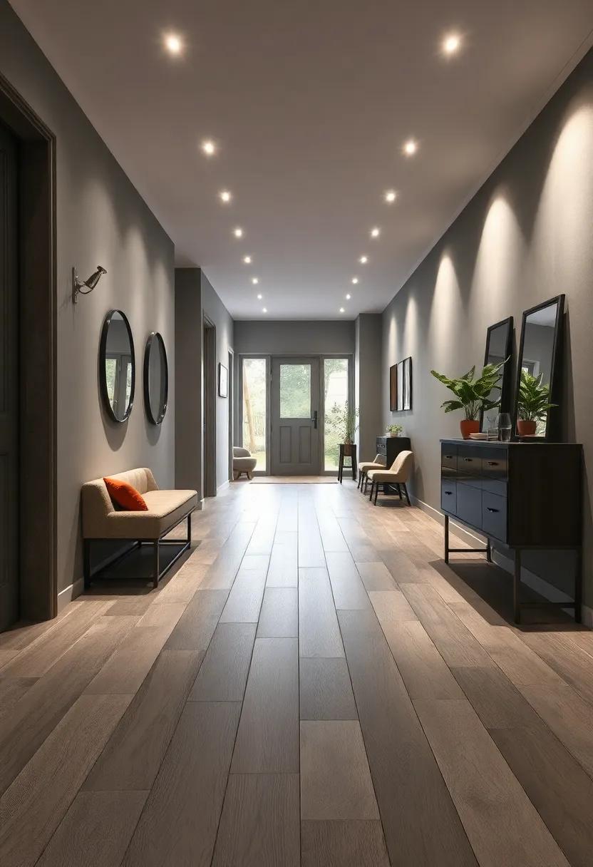 Rustic Grey Wooden Floorboards Paired with Muted Grey Walls and Cozy Ambient Lighting