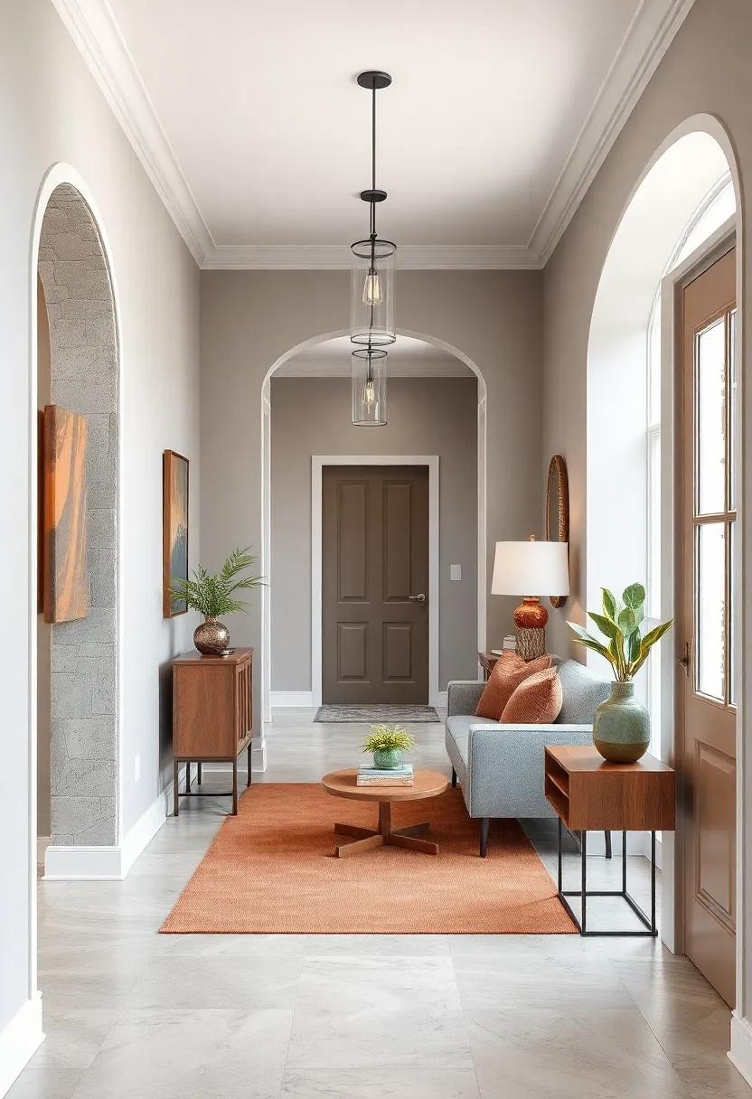 Soft Grey Paint Harmonizing with Warm Earthy Tones in a Transitional Hallway Style