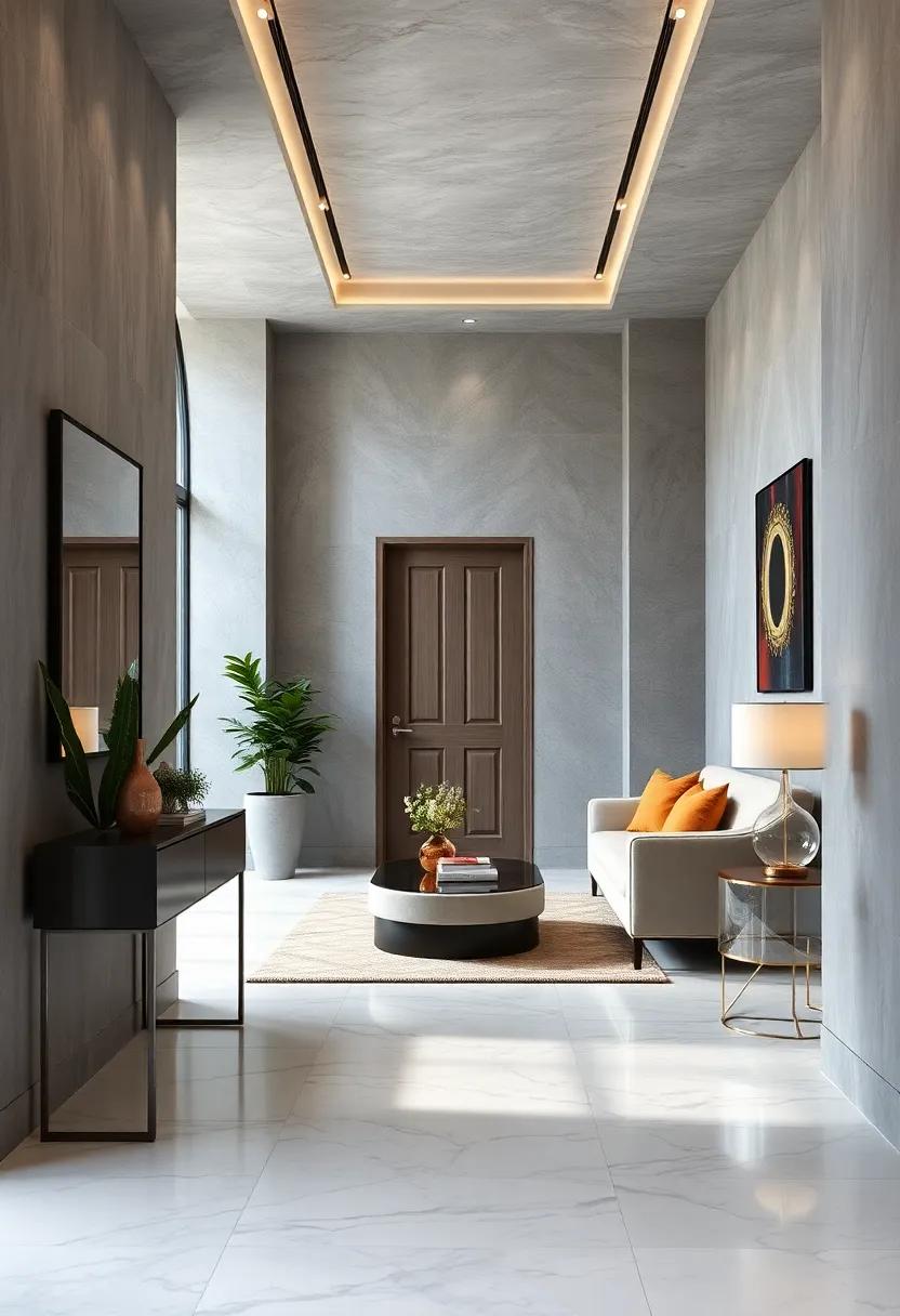 Sophisticated Grey Entry Hall Featuring Marble Floors and Sleek Contemporary Furniture