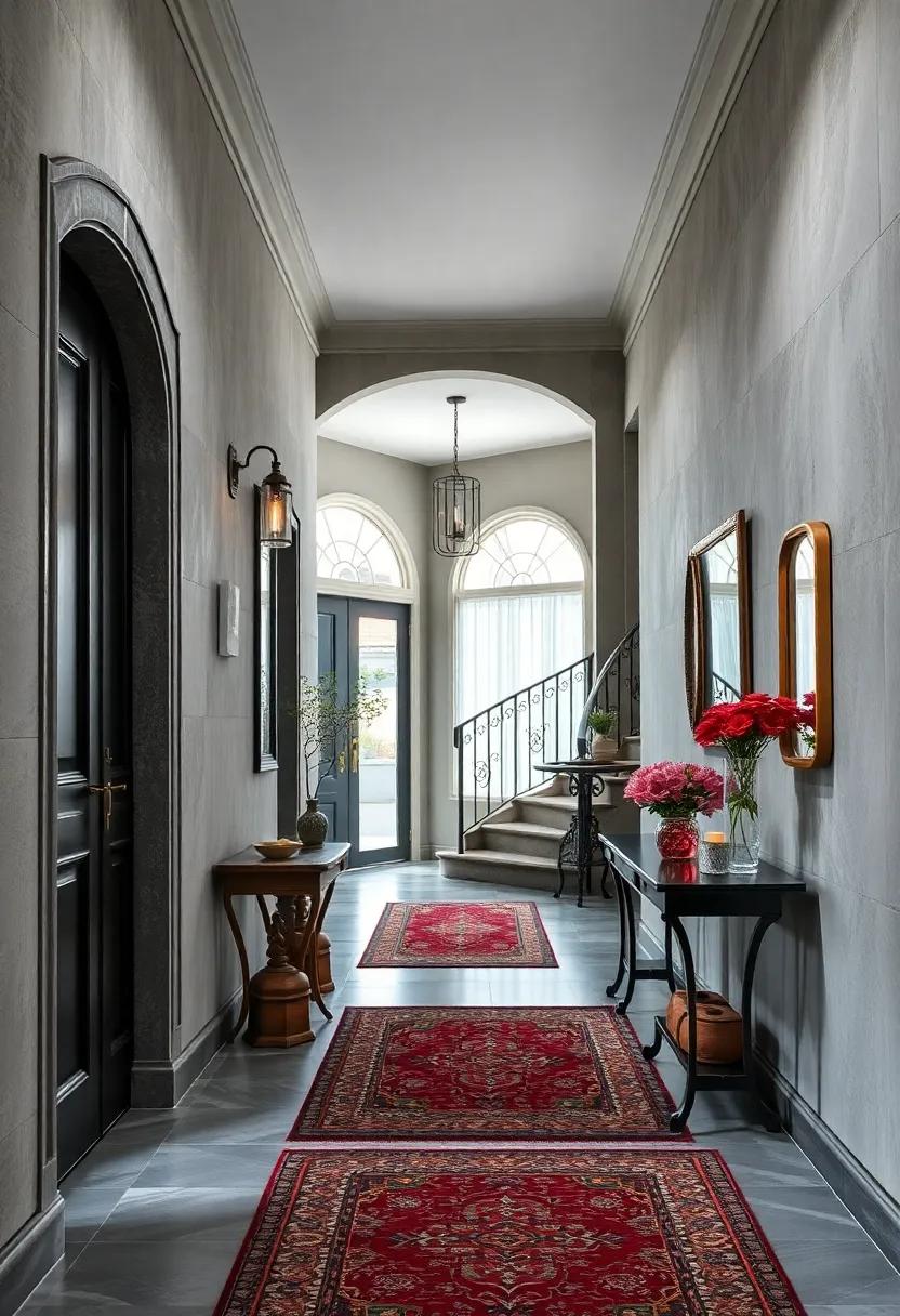 Timeless Grey Staircase Corridor Highlighted by Ornate Iron Balustrades and Antique Rugs
