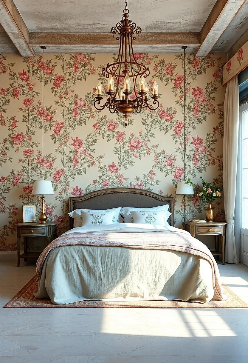 Classic Floral Patterns Paired with Antique Textiles Creating a Layered Vintage Bedroom Experience