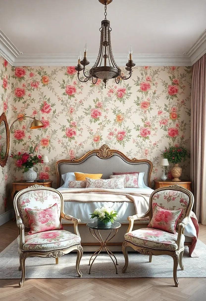 Old World Charm from French Provincial Chairs Offering Timeless Comfort in a Floral Bedroom Setting