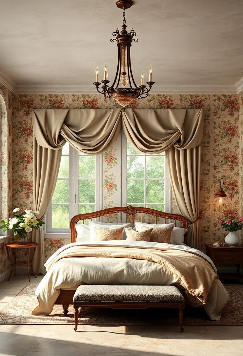 Lush Floral Draperies Framing Vintage Windows Creating a Romantic and Cozy Bedroom Atmosphere