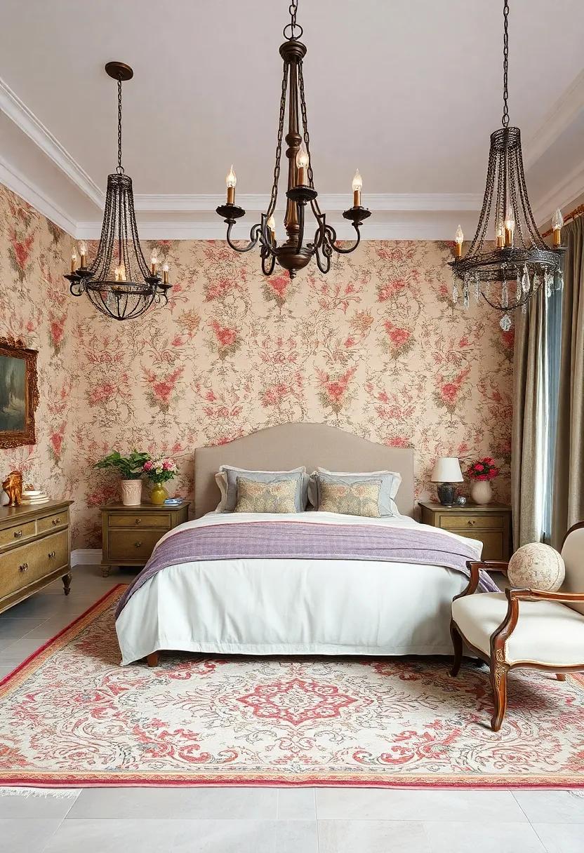 Intricately Patterned Vintage Rugs Adding Texture and Charm Beneath Antique Chandeliers in the Bedroom