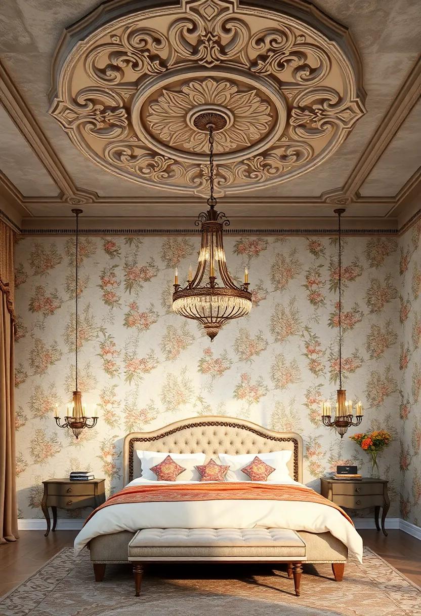 Ornate Bed Frames with Intricate Carvings Enhancing the Sophistication of a Vintage Floral Bedroom