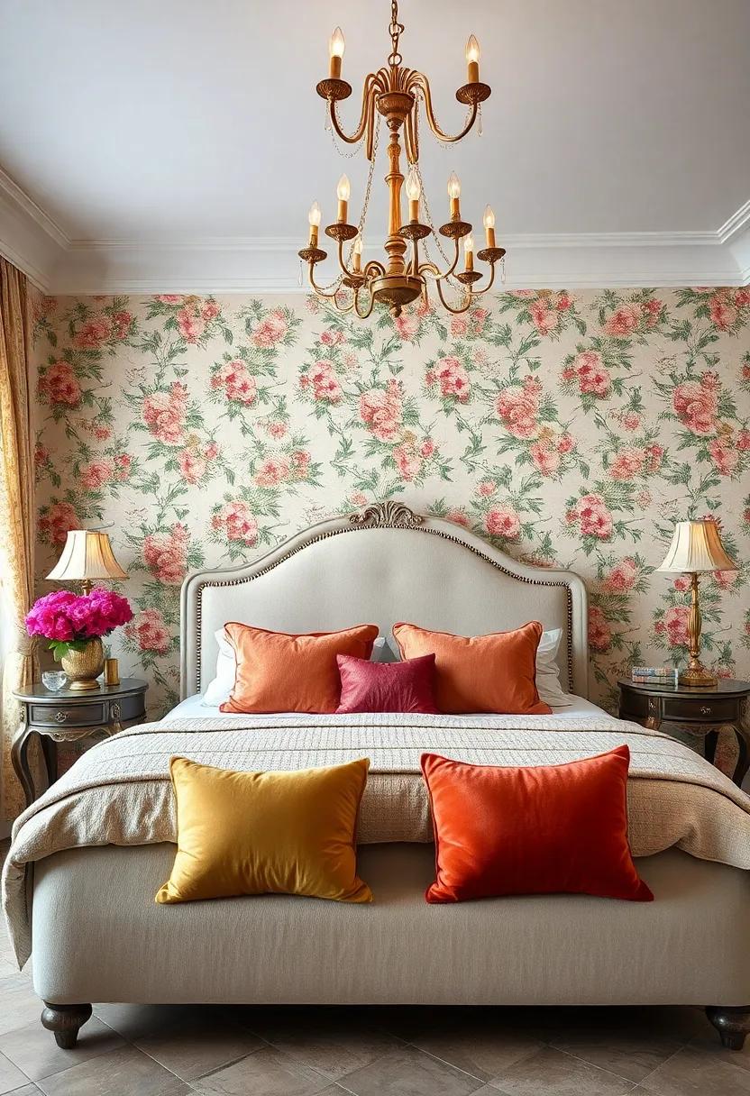 Charming Vintage Trunks at the Foot of the Bed Blending Utility and Period Style with Floral Surroundings