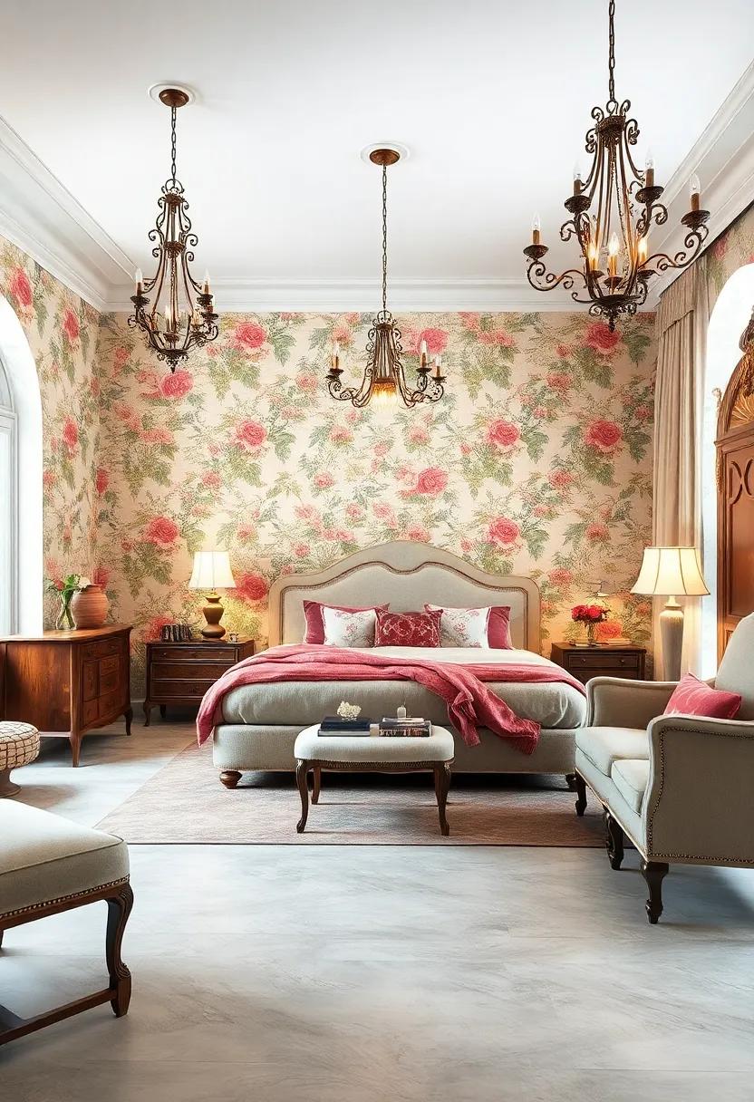 Elegant Vintage Furniture Pieces Complementing Floral Walls and Antique Lighting Fixtures Gracefully