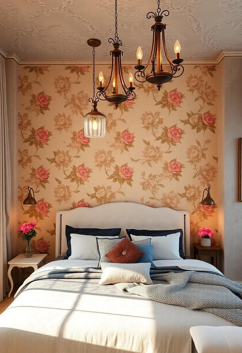 Delicate Antique Chandeliers Casting Warm Glows Over a Tastefully Curated Vintage Bedroom Ambiance