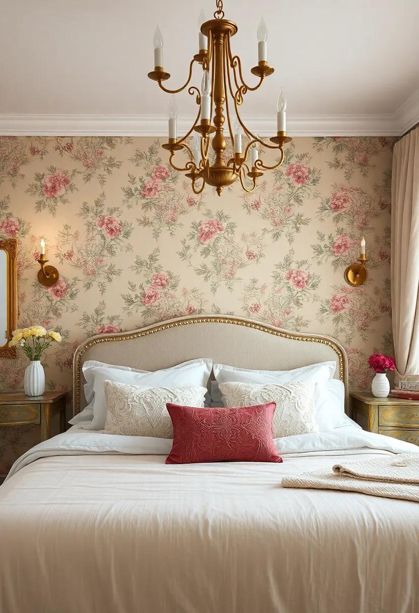 Decorative Lace Accents on Pillows and Linens Blending Seamlessly with Floral Wallpaper and Vintage Style