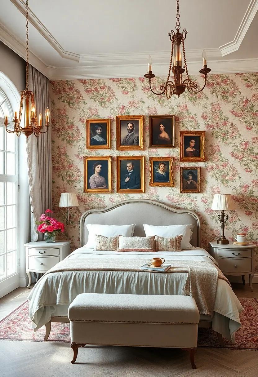 Curated Collection of Vintage Portraits and Artworks Adorning Floral Walls to Amplify Classic Charm