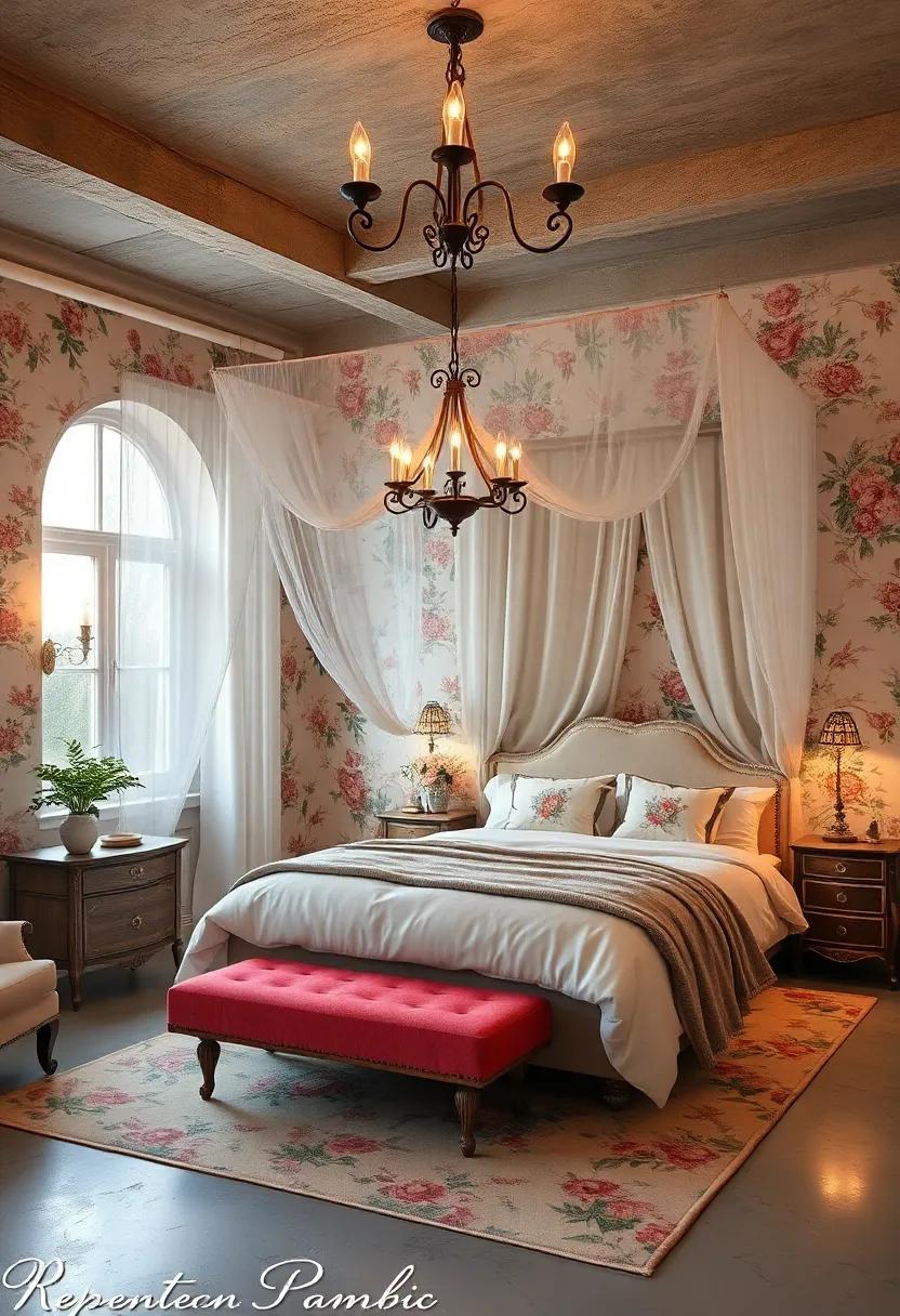 Romantic Canopy Beds Draped with Sheer Fabrics Floating Above Floral Patterns and Vintage Lighting