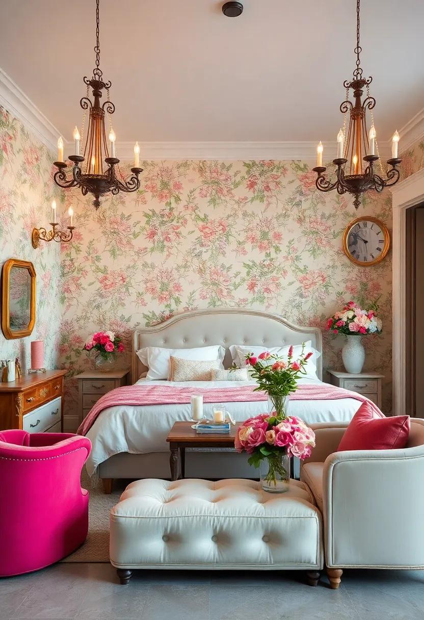 Fresh Flower Arrangements Enhancing Vintage Ambiance with Natural Elegance in a Floral Themed Bedroom