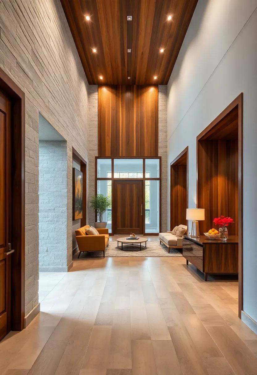 Contrasting Wood Tones Layered to Elevate Depth and Visual Interest Around Entrances
