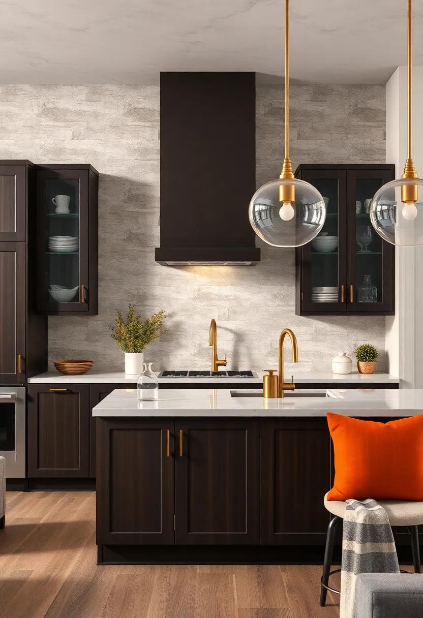A Bold Statement Wall of Espresso Cabinets Paired with Brass Fixtures and Decorative Accents
