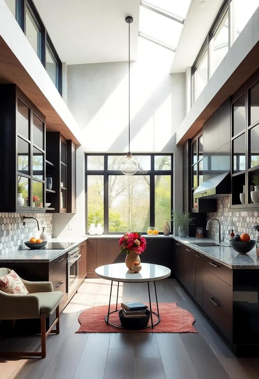 The Dramatic Effect of Espresso Cabinets Framed by Floor-to-Ceiling Windows and Natural Skylight