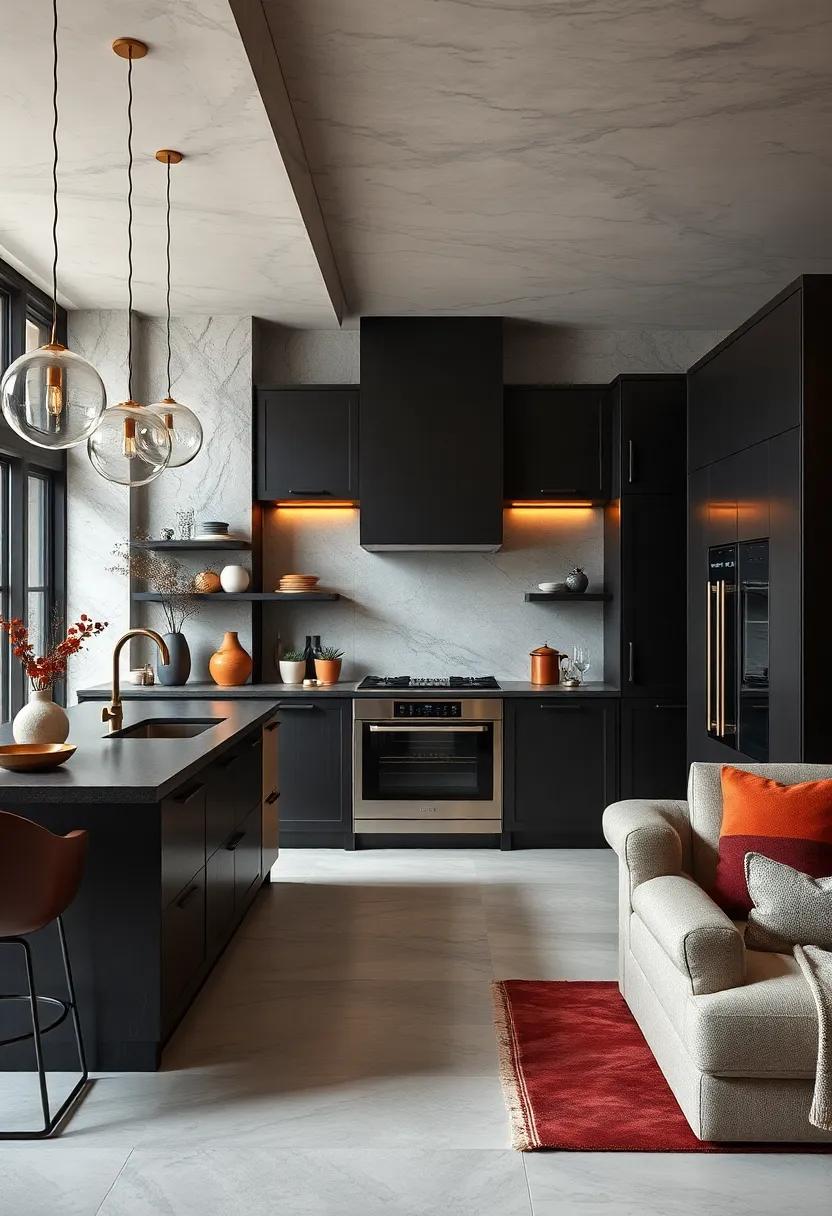 Monochrome Kitchen Designs Accentuated by Deep Espresso Cabinets and Strategic Lighting Highlights
