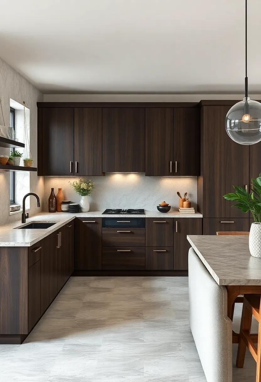 Natural Stone Surfaces Balancing Out the Intensity of Dark Espresso Wood Grades in Elegant Kitchens