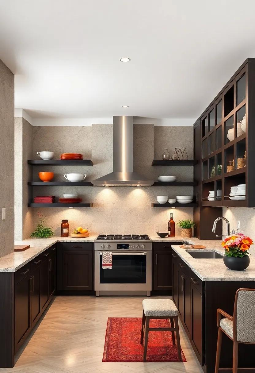 Open Shelving Accents Surrounded by Deep Espresso Cabinetry Displaying Vibrant Dishware