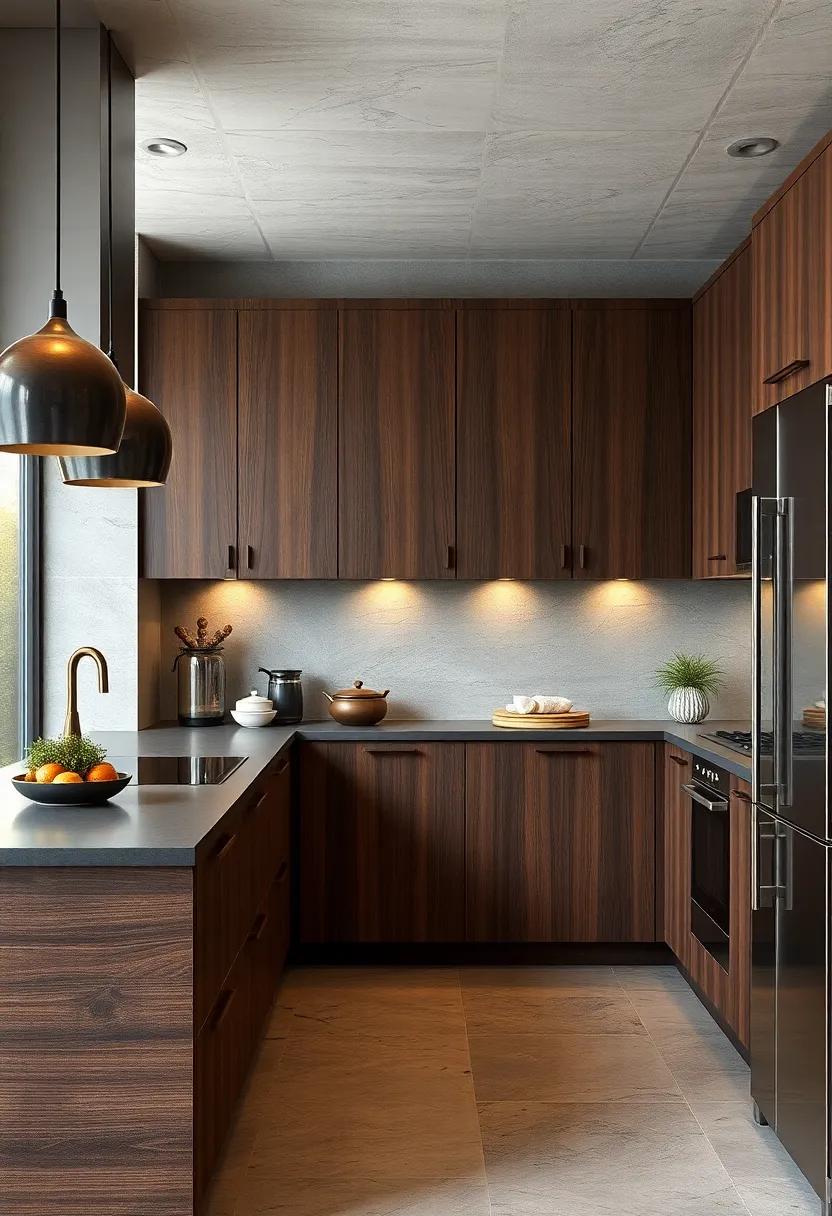 Rich Wood Grain Textures Highlighted by Soft Ambient Lighting and Modern Fixtures