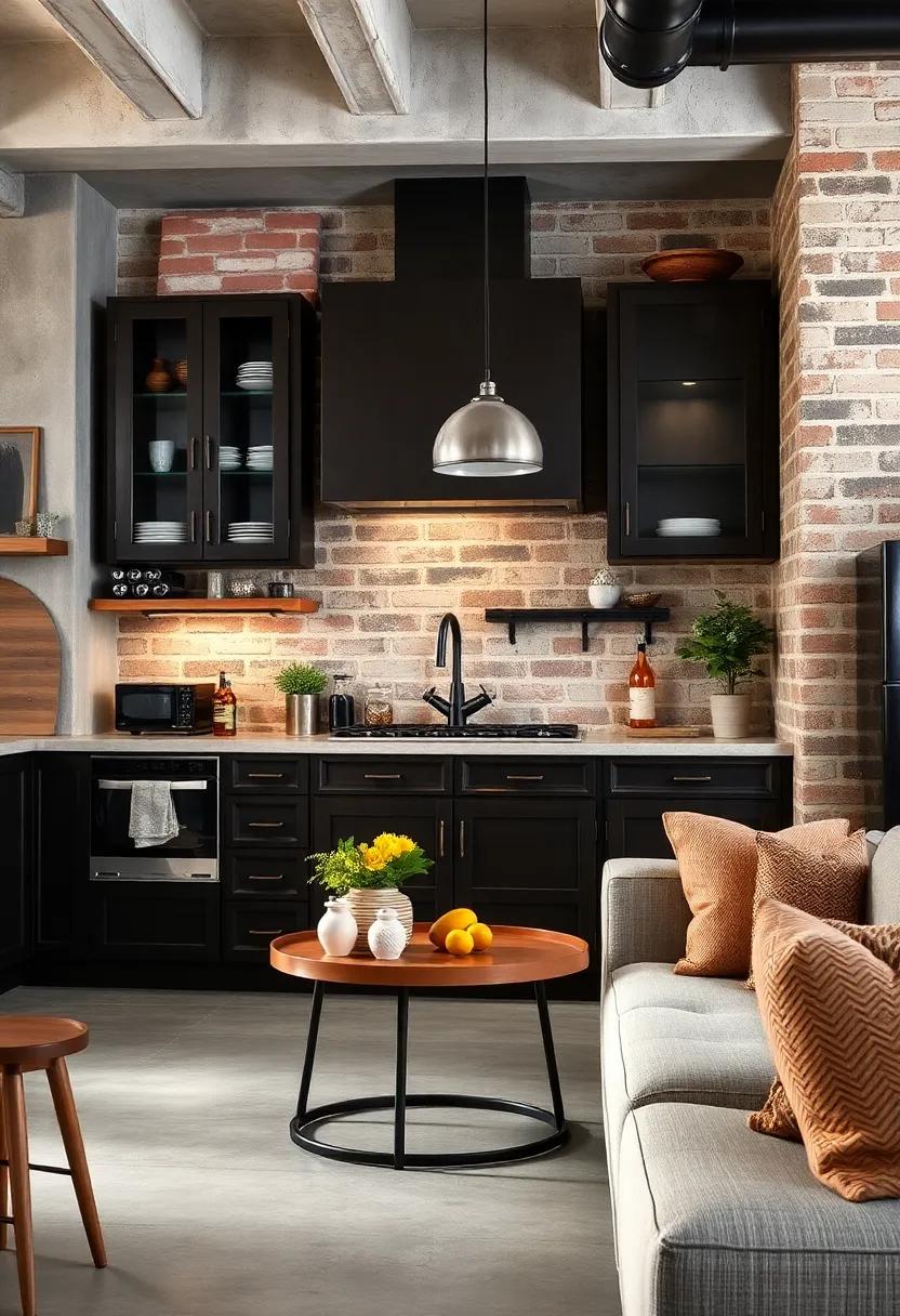 Rustic Meets Urban: Espresso Cabinets Combined with Exposed Brick Walls and Industrial Fixtures