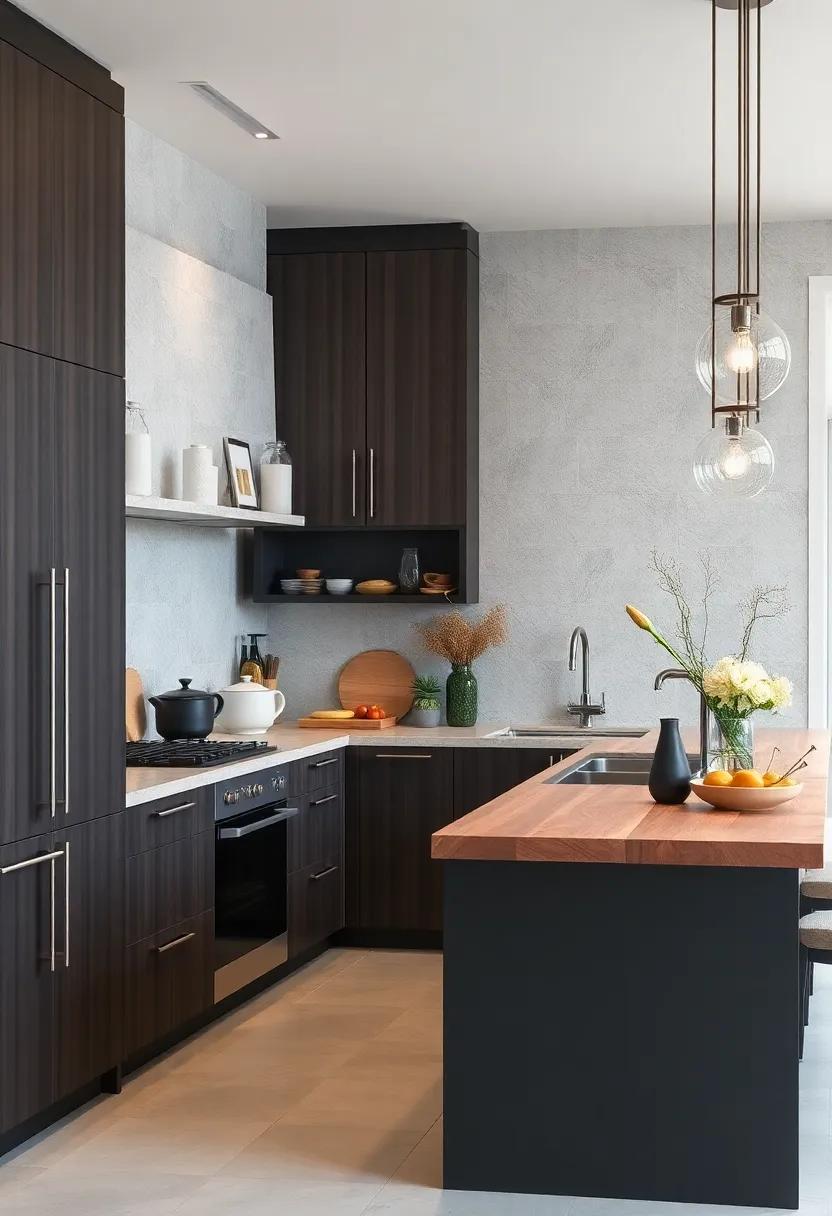 Textural Contrast Between Smooth Espresso Cabinet Finishes and Rough Wood Countertops