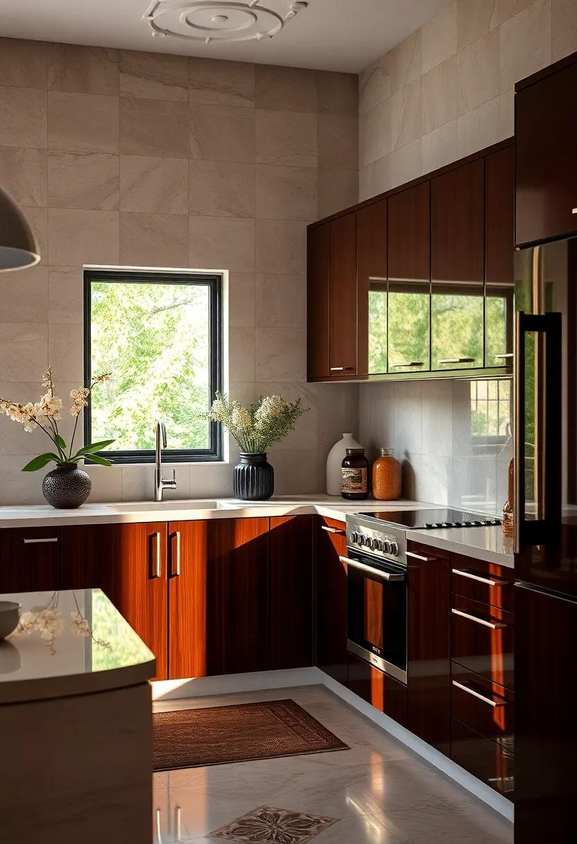 Warmth of Natural Light Reflecting Off Polished Espresso Cabinet Surfaces and Glossy Tiles